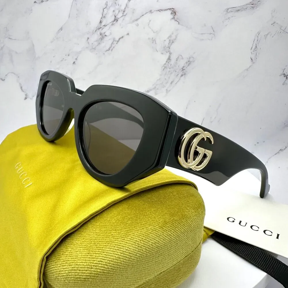 New Gucci Sunglasses Black Cat Eye Gold GG Logo Womens